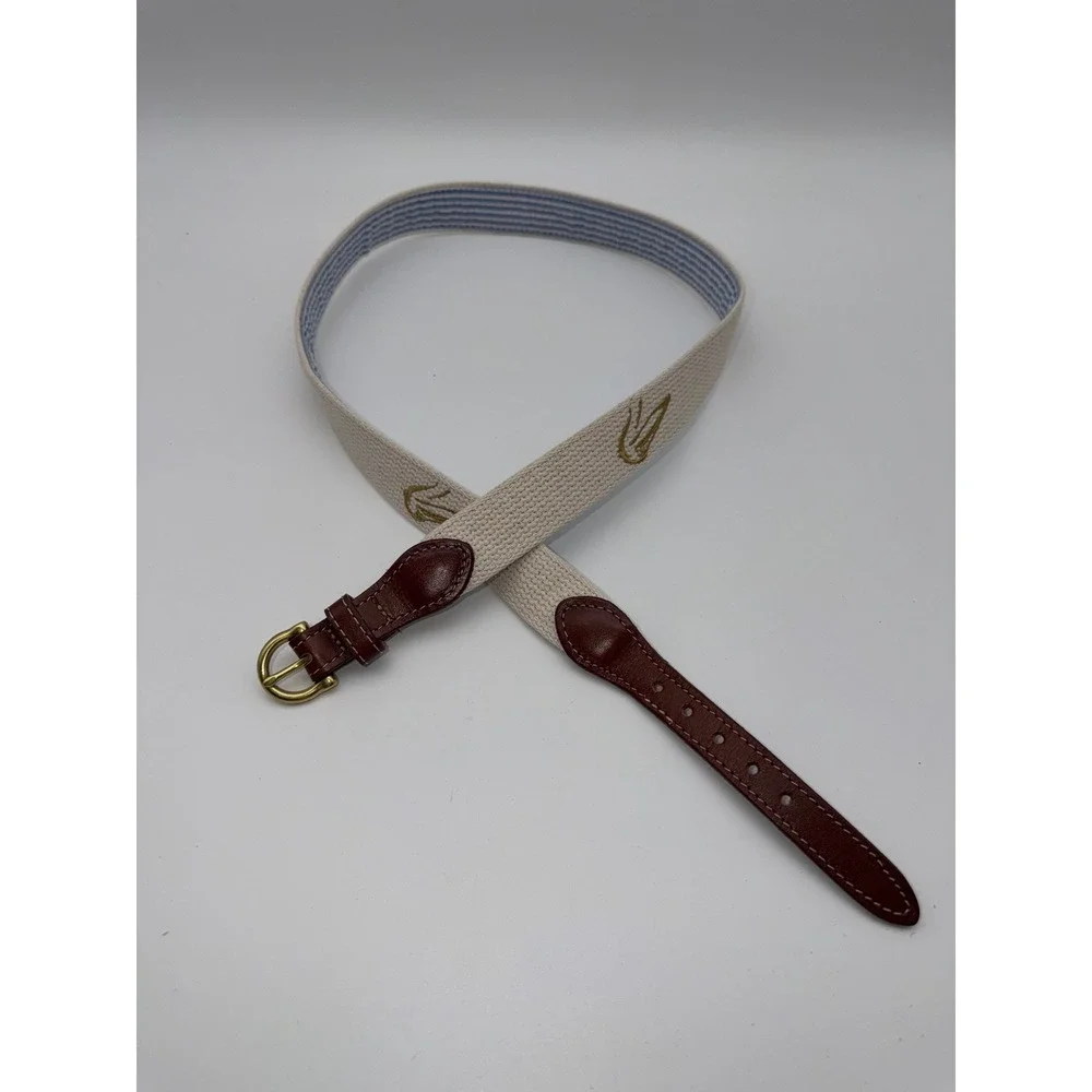 Mens Canvas Seersucker Lined Surcingle Belt Brown Leather Cream Blue 38 97